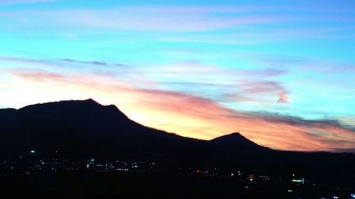 Scenic view of mountains against sky at sunset