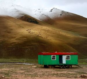 Motor home against mountains