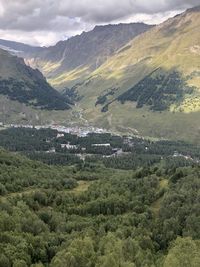 High angle view of landscape and mountains against sky