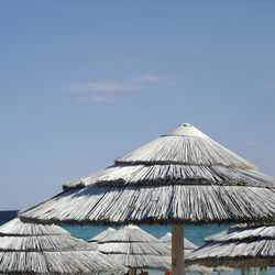 Low angle view of roof against clear blue sky