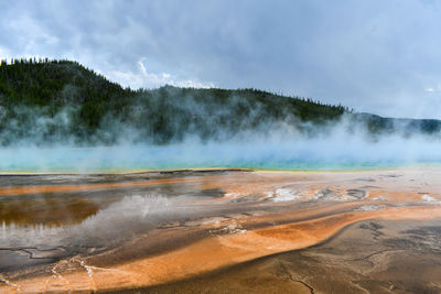 Scenic view of waterfall against sky