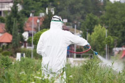 Rear view of man working on plants