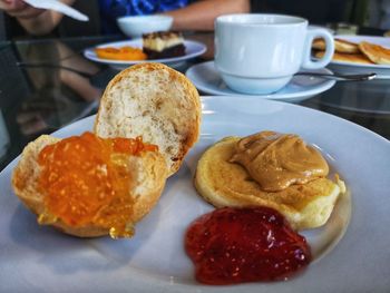 Close-up of breakfast served on table