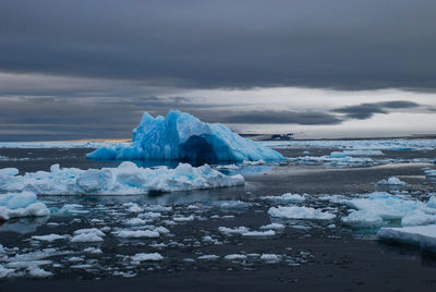 Ice floating on water against sky