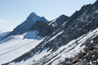 Scenic view of snow covered mountains against sky