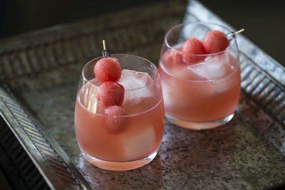 High angle view of fruits in glass on table