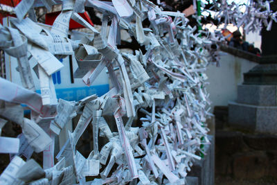 Close-up of white ribbons tied on rope