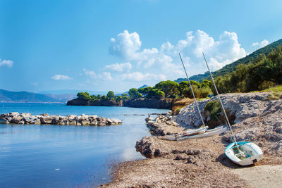 Sailboats in sea against sky