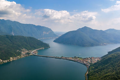 Scenic view of sea and mountains against sky