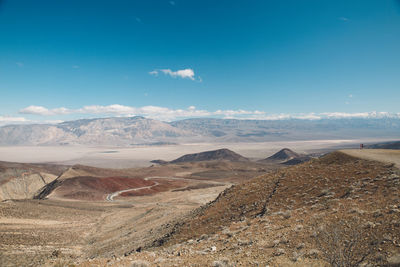 Scenic view of desert landscape against blue sky