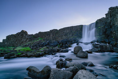 Long exposure image of waterfall at dusk
