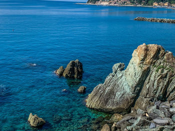 High angle view of rocks at sea shore