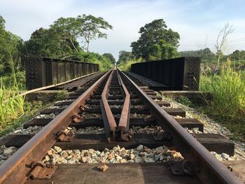 Railroad tracks by trees against sky