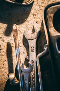 High angle view of tools on table