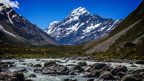 Scenic view of snow covered mountains against clear sky