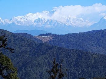 Scenic view of mountains against blue sky