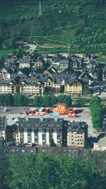 High angle view of houses in town