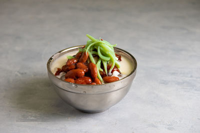 High angle view of vegetables in bowl on table