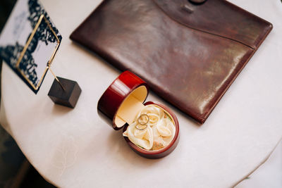 High angle view of breakfast on table