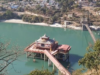 High angle view of buildings in lake