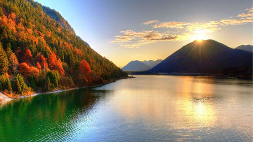 Scenic view of lake against sky during sunset