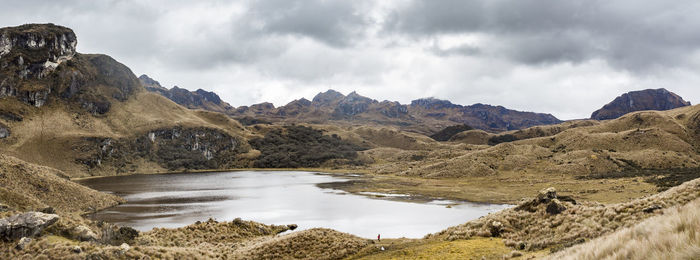 Panoramic view of lake and mountains against sky