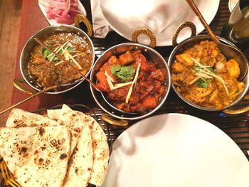 High angle view of food served on table