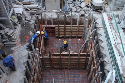 High angle view of construction workers at site