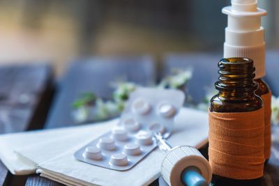 High angle view of bottles on table