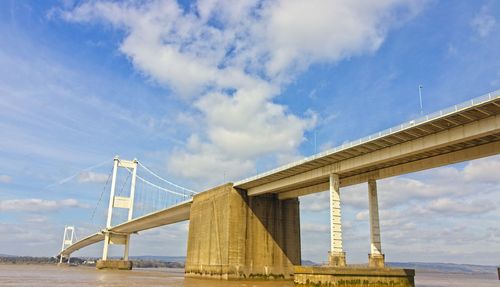 Low angle view of suspension bridge against cloudy sky