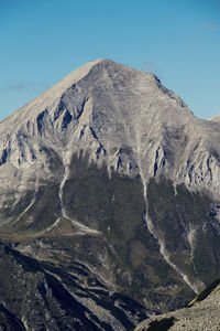 Low angle view of snowcapped mountains against clear blue sky