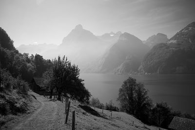 Scenic view of lake by mountains against sky