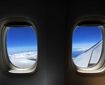 Blue sky seen through airplane window