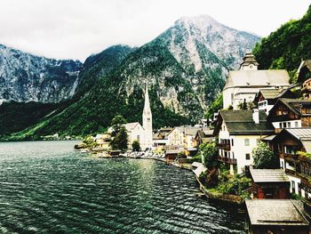 Houses on mountain range