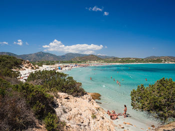 High angle view of beach against blue sky