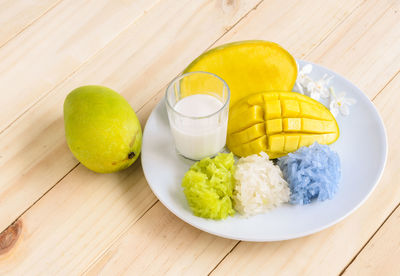 High angle view of breakfast on table