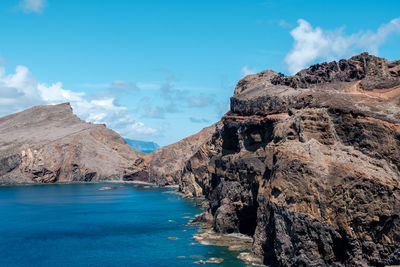 Panoramic view of sea and rocks against blue sky