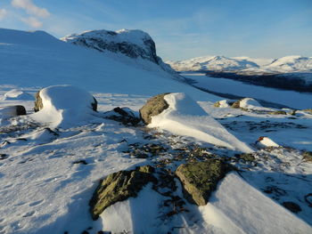 Scenic view of snow covered mountains