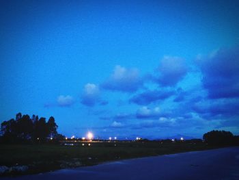 Illuminated trees against blue sky