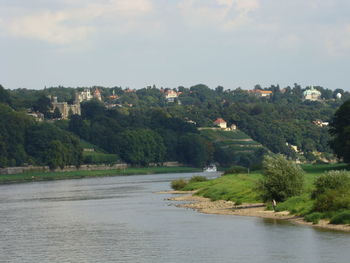 Scenic view of river by trees against sky