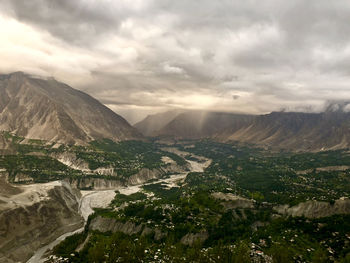 Aerial view of landscape and mountains against sky