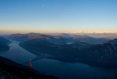 Scenic view of lake and mountains against sky during sunset