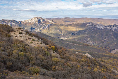 High angle view of land against sky