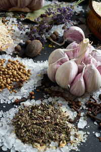 High angle view of chopped vegetables on table