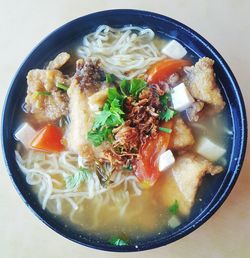 High angle view of soup in bowl on table