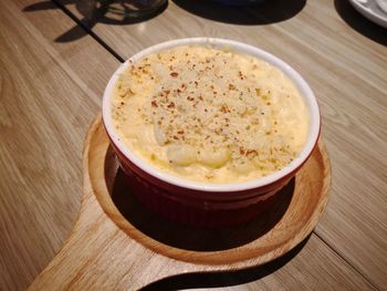 High angle view of bread in bowl on table