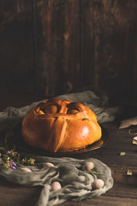 Close-up of jack o lantern on table