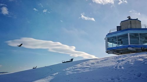 Low angle view of snow against sky