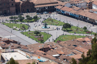 High angle view of buildings in town