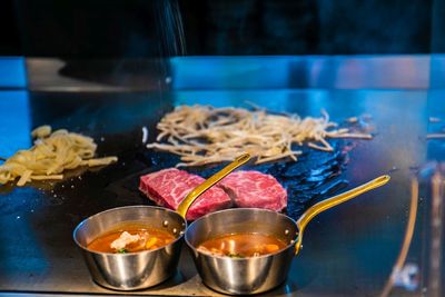 High angle view of food on table